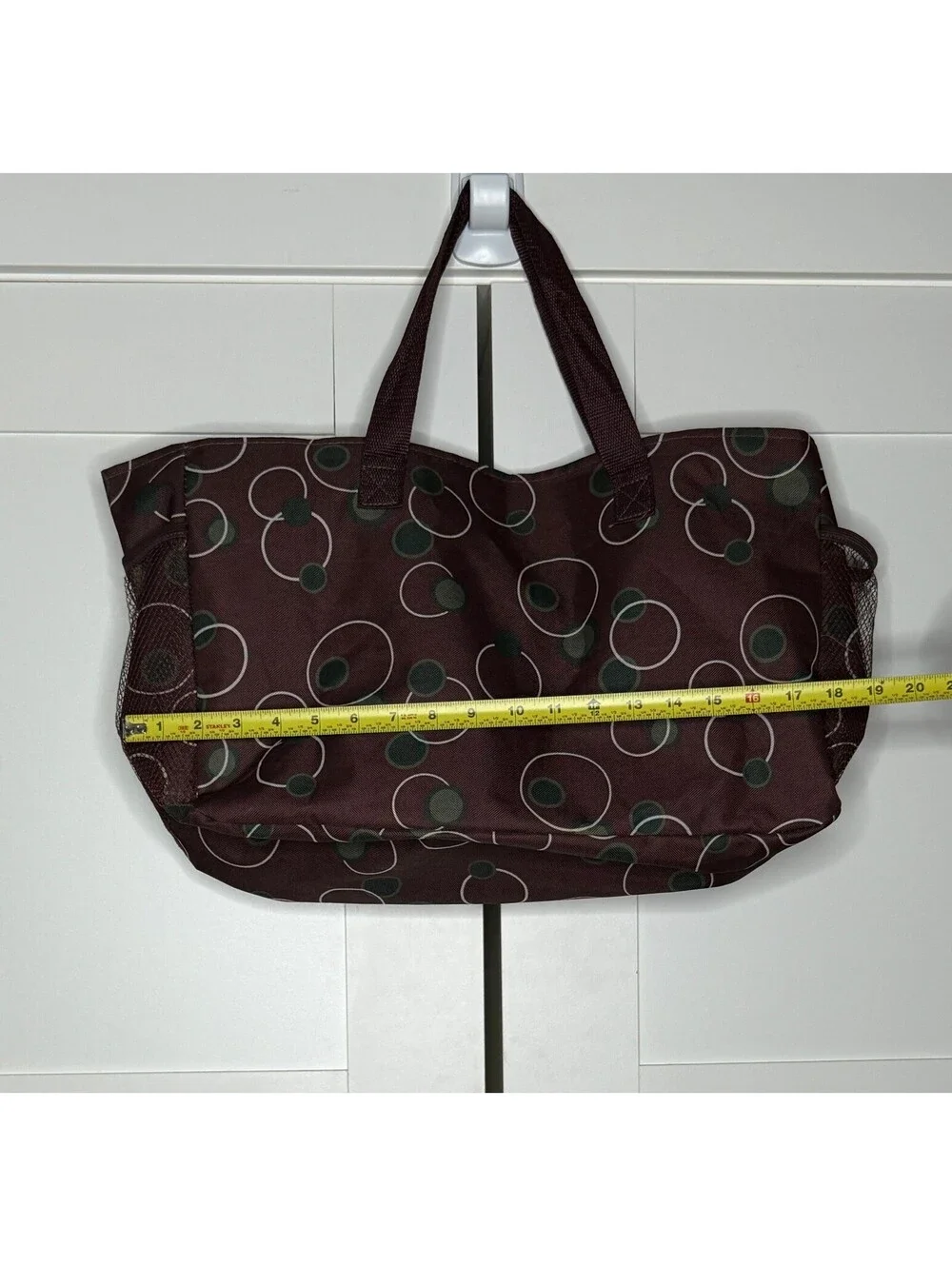 Large Burgundy Tote with Green and Cream Circular Print